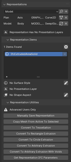 Representations panel in the Geometry and Materials sub-tab